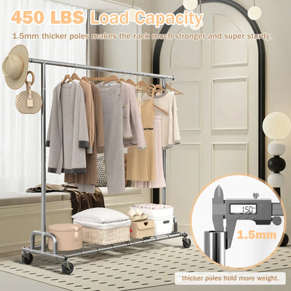 JOZ 450 lbs Heavy Duty Commercial Garment Rack with Shelves, Adjustable Rolling Clothes Rack - Chrome Finish