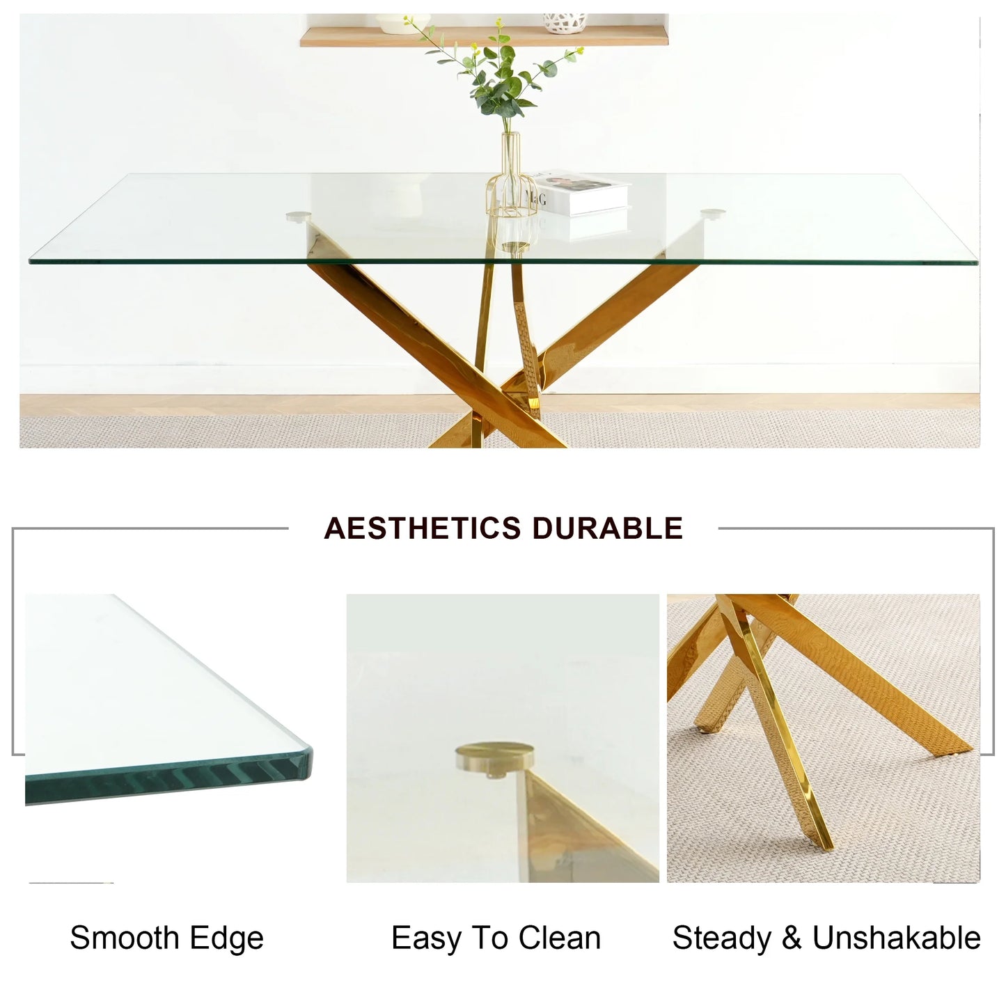 Sumdeal 63 Glass Dining Table Set for 6,Gold Base Dining Room Table with 6 Gold Leg C Shape Chairs