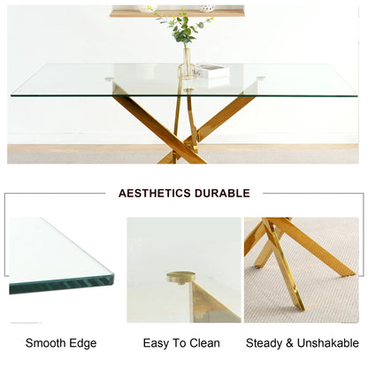 Sumdeal 63 Glass Dining Table Set for 6,Gold Base Dining Room Table with 6 Gold Leg C Shape Chairs