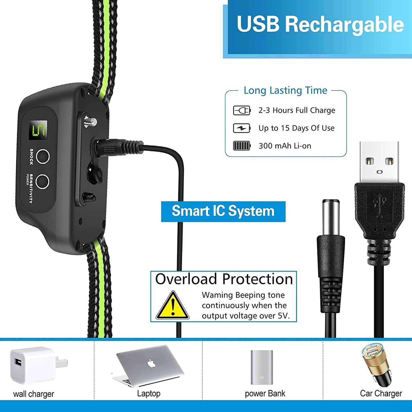 Dog Bark Collar, Bark Shock Collar with Beep Vibration Shock, Bark Collar for Large Medium Small Dogs, Rechargeable Humane Anti Barking Training Collar with 5 Adjustable Sensitivity