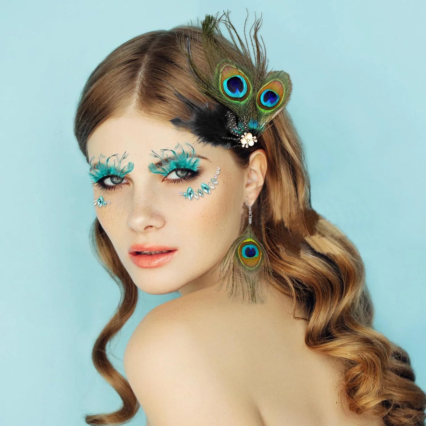 Peacock Feather Jewelry Set for Women, Green Fascinator Feather Clip Earring Big Eyelashes and Glitter Face Jewels Makeup Stickers for Halloween Carnival Festival Party Hair Face Decorations