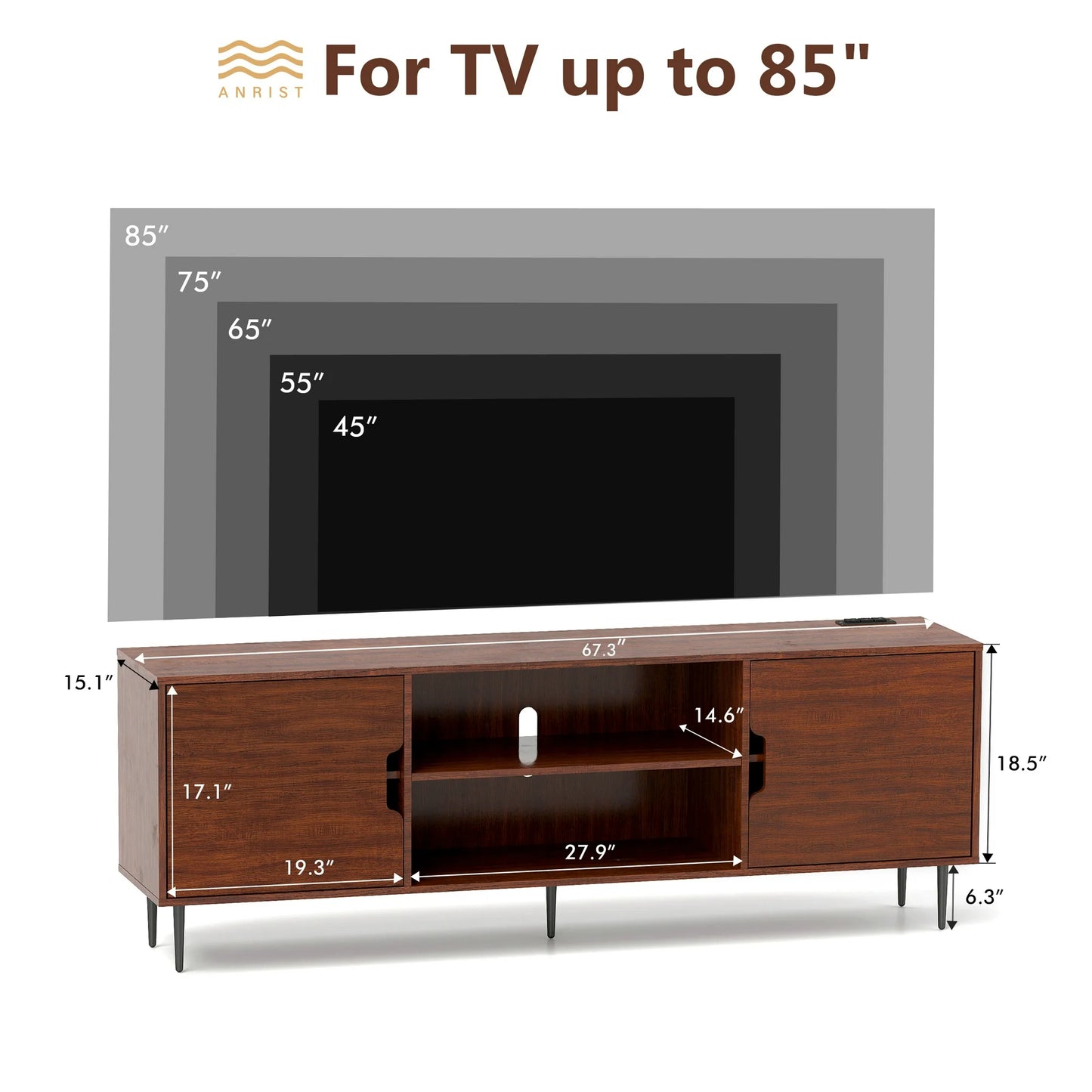 Anrist Modern TV Stand for 65/70/85 inch TV Mid Century Entertainment Centre for Living Room, Brown