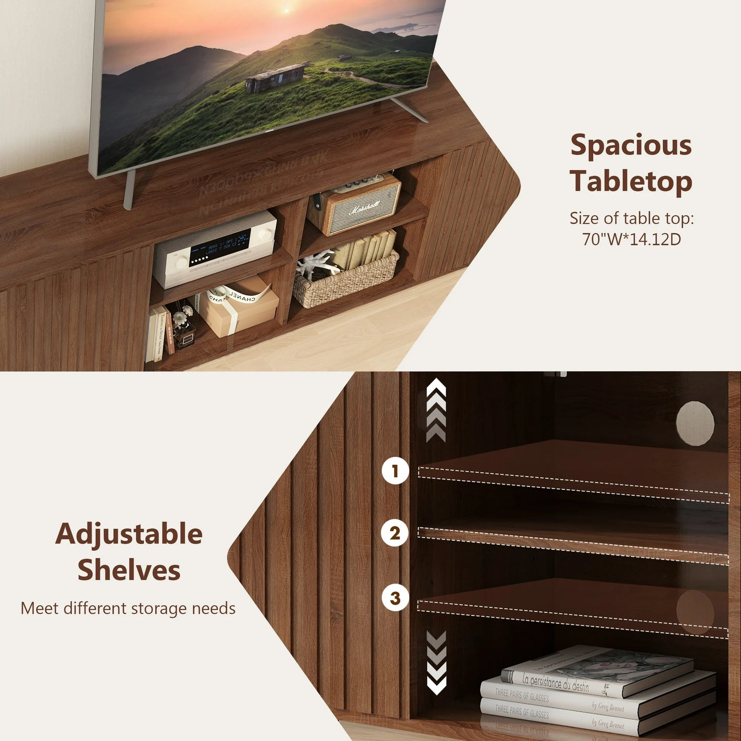 Anrist Mid-Century Modern TV Stand, Home Media Entertainment Center for up to 85in TV Console Storage Cabinet for Living Room, Walnut