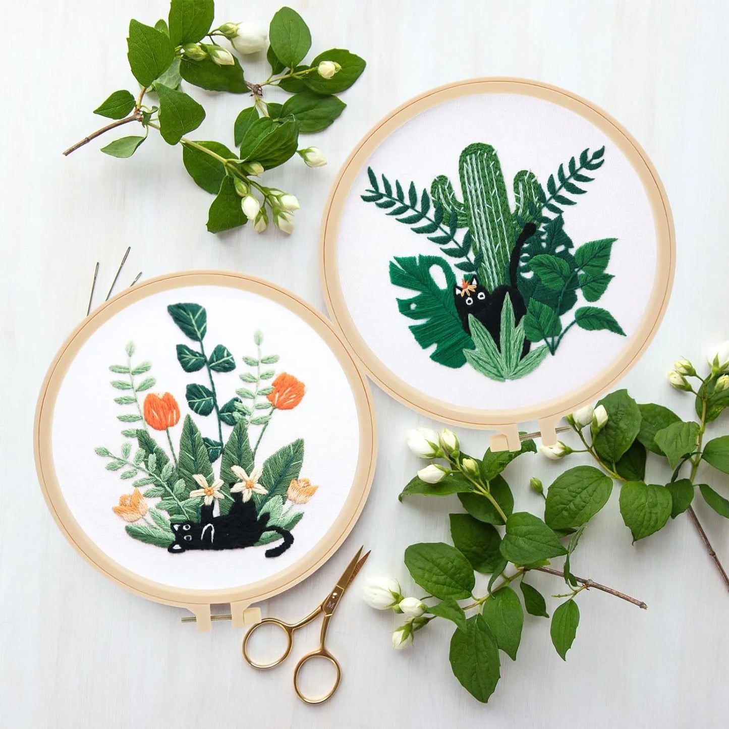 3 Pack Embroidery Kit for Beginners, Sewing Cross Stitch Starter Set Craft Stamped Cloth with Cute Cat Pattern Hoops Threads and Needles