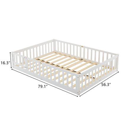 Zimtown Montessori Floor Bed Frame, Full Size Kids Toddler Bed with Fence and Door, Wooden Platform Bed, White