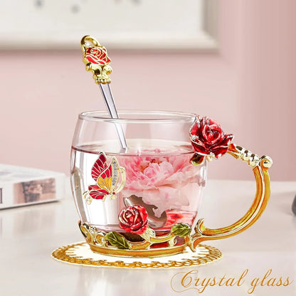 Gifts for Women Glass Coffee Enamel Mug Gifts Set, Best Birthday Butterfly Rose Gifts for Women Mom Valentines Day Mothers Day Christmas Anniversary, Lead-Free Red Tea Cup with Spoon Set
