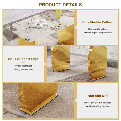 Sumdeal 63 Modern Sintered Stone Dining Table with 6 Velvet Dining Chairs,White pattened Table with Golden Leg,6 Beige Chairs