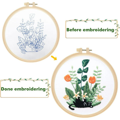 3 Pack Embroidery Kit for Beginners, Sewing Cross Stitch Starter Set Craft Stamped Cloth with Cute Cat Pattern Hoops Threads and Needles