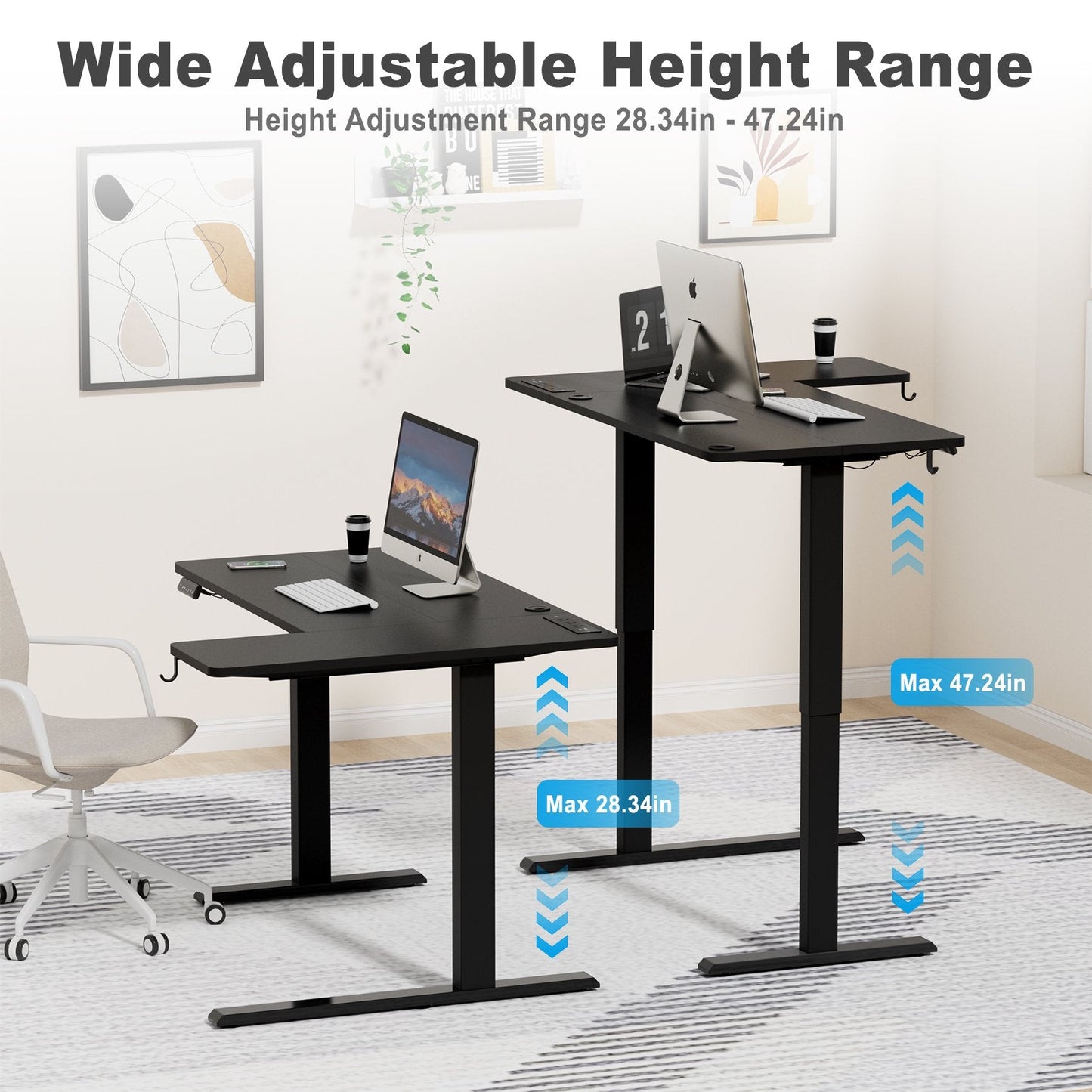 JOZ Electric Height Adjustable 47-inch Corner Stand up Desk - L-Shaped Standing Workstation, Black Table Top, Black Frame, 3CT Series