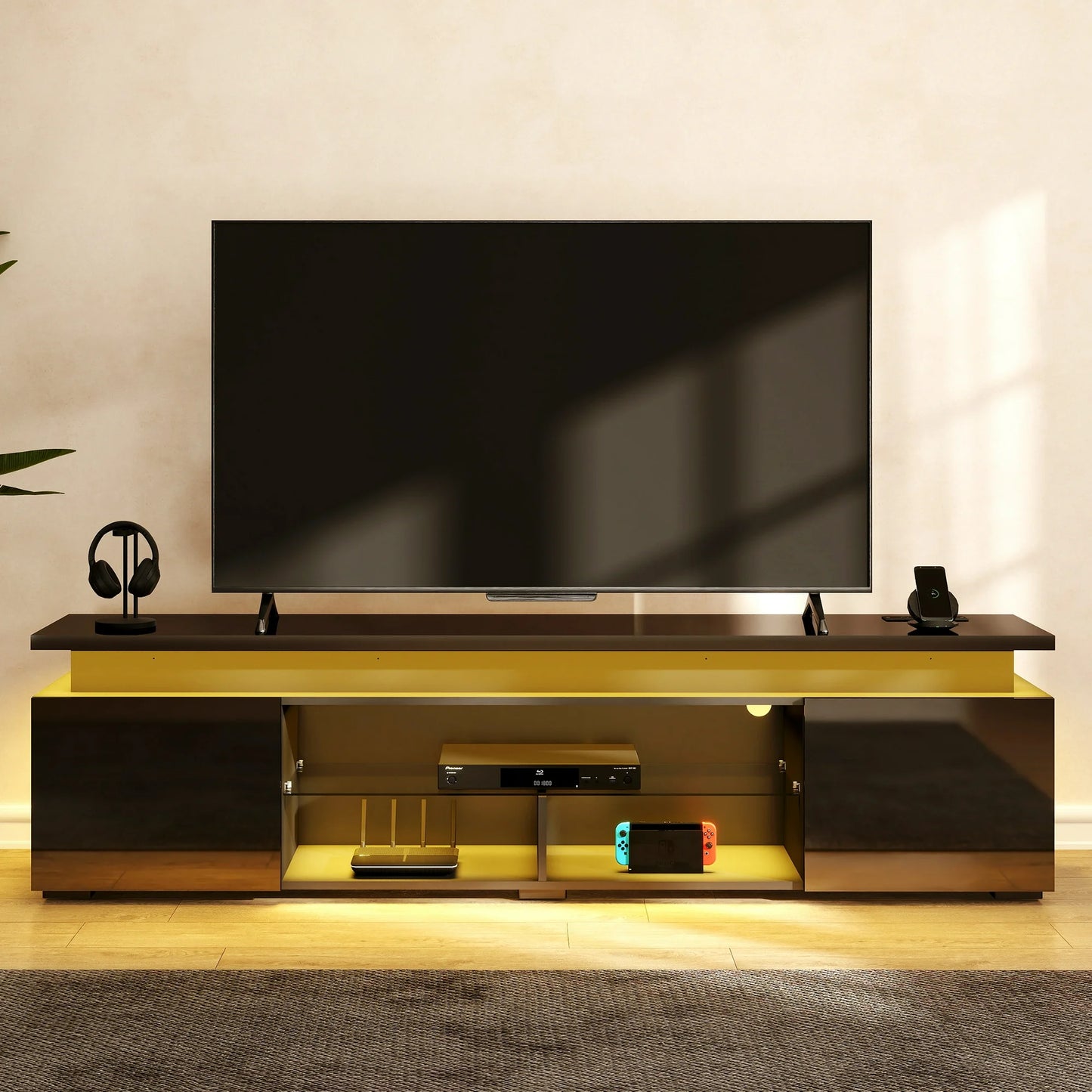 Anrist Modern TV Stand for 85 inch TVs with LED Lights Power Outlet Entertainment Center Media Console for Living Room,Black